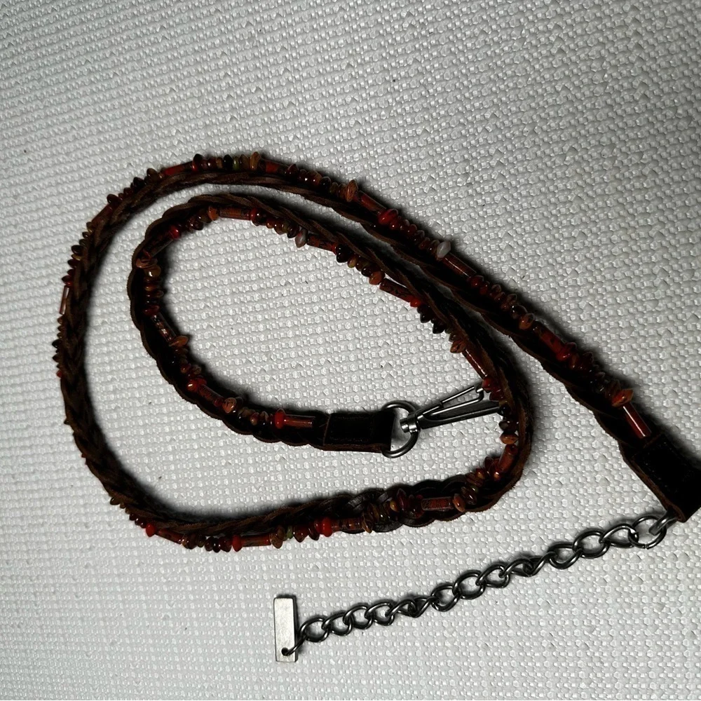 BELT Women Slim Leather Braided Beads & Chain 38-40 Adjustable Brown Hippie Boho